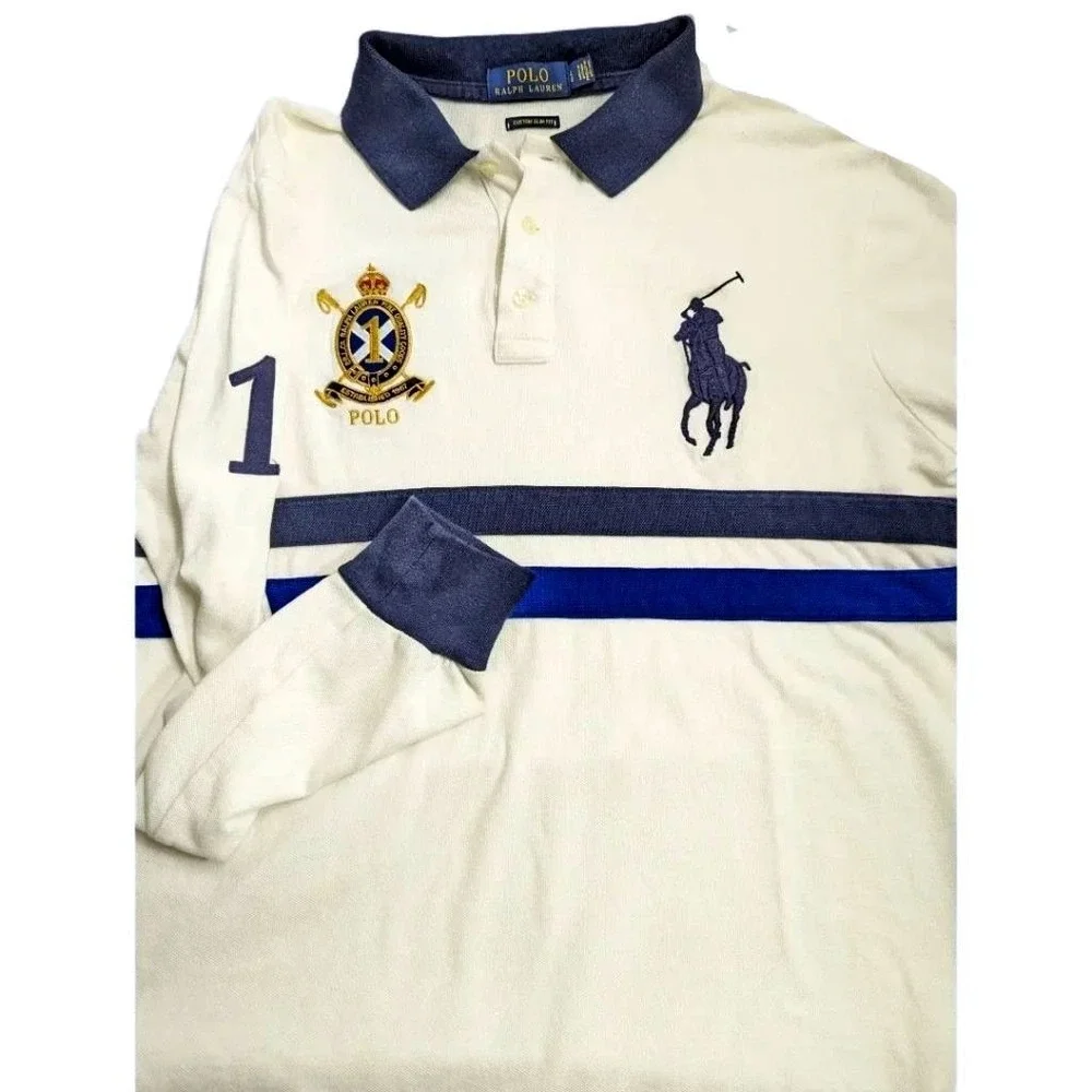 Polo Ralph Lauren Big Pony Crest Stripe Rugby Shirt Men Sz L Custom Slim Fit EUC